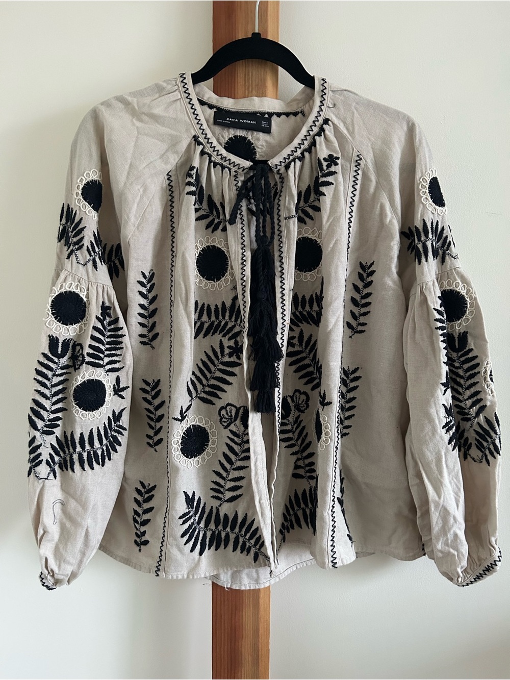 Zara Cream Peasant Blouse with Black Embroidery